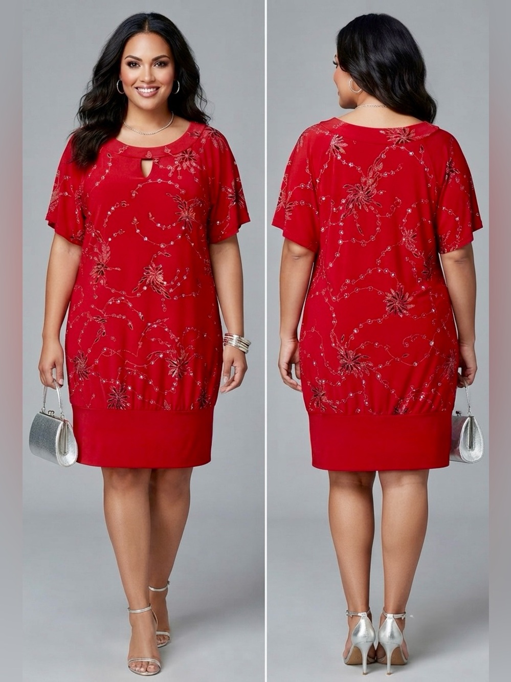 Stunning Ashley Stewart Red w/ Silver Embellished Blouson Dress